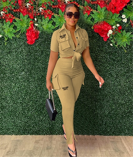Cargo Style Button Up Shirts Two Piece Pants Set YUM-10051