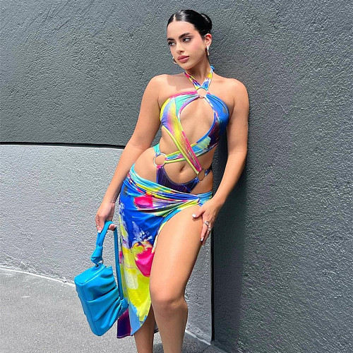 Tie Dye Print Swimsuit with Cover Up Skirt Sets QY2303