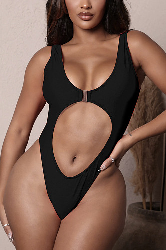 Solid Color Hollow Out High Waist One Piece Swimsuit QY2312