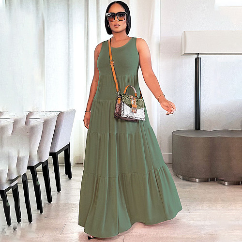 Sleeveless O Neck Solid Color Pleated Maxi Dresses SFY-2332