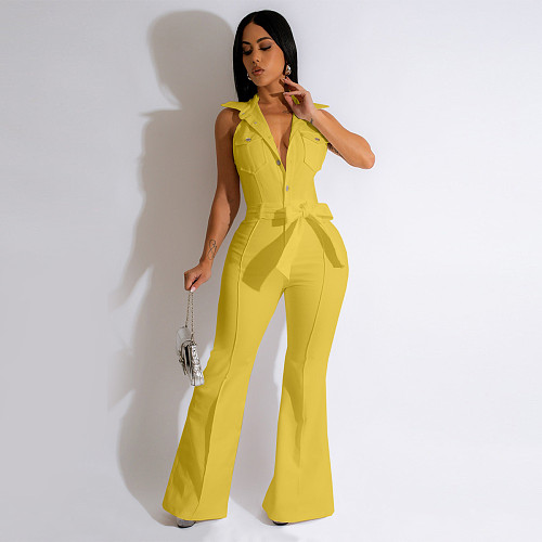 Turn Down Collar Backless with Sashes Flare Jumpsuit MIL-491