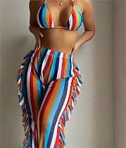 Stripe Print Loose Tassel Pants Three Piece Bikini Set L2316