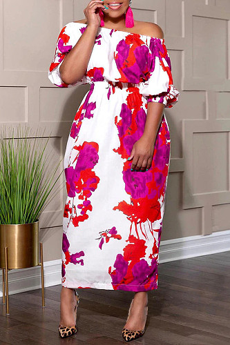 Floral Print Slash Neck High Waist Plus Size Dresses TB-5432