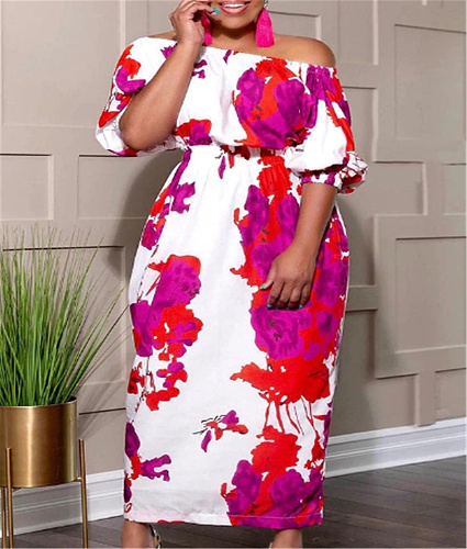 Floral Print Slash Neck High Waist Plus Size Dresses TB-5432