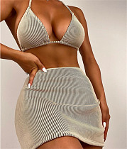 Backless Bandage Bikini Sets with Cover Up Skirt L2314