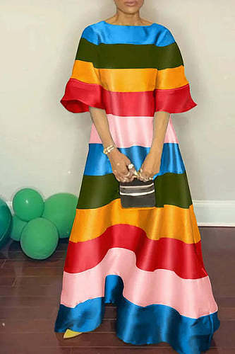 Rainbow Stripe Short Sleeve Loose Maxi Dress ZAND-31288