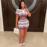 Crochet Knitted Stripe Two Piece Shorts Set TR-1268