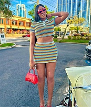 Knitted Stripe Short Sleeve Crop Tops Mini Skirts Set DY-6683
