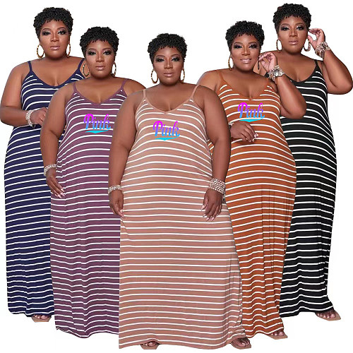 Stripe Print Sleeveless Loose Plus Size Dresses OQ-0184