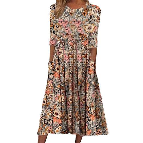 Fashion Print Round Neck Hem Maxi Dresses with Pockets OLN-9835