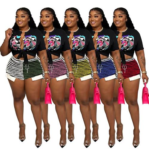 Stripe Color Matching High Waist All Match Shorts FOS-8367