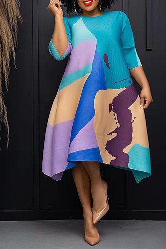 Trendy Women Prints O-neck Loose Midi Dress GT-9135