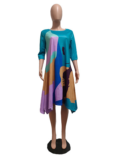 Trendy Women Prints O-neck Loose Midi Dress GT-9135