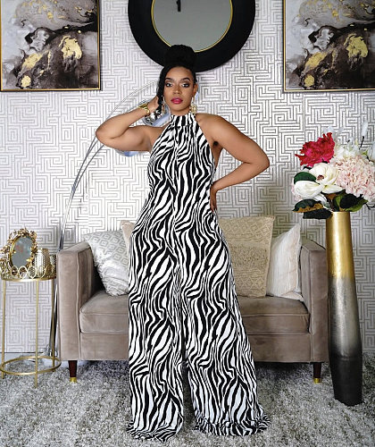 Casual Women Stripes Print Halter Sexy Backless Wide-leg Jumpsuit Large Size 5XL GT-99291