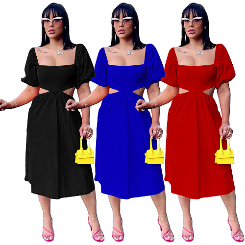 Solid Color U-neck Lantern Sleeves Expose Waist Maxi Dress TE-4589