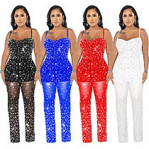 Women Hot Drill Straps Mesh Sexy Jumpsuits BY-6556
