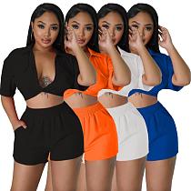 Casual Sets Women Solid Color Crop T-shirt and High Waist Shorts MUC-1054