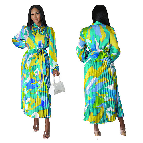 Trendy Prints Lace-up Long Sleeves Pleated Maxi Dress YF-10567