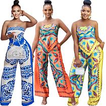 Fashion Printed Strapless Crop Top And Long Pants 2 Pieces Sets FNN-8718