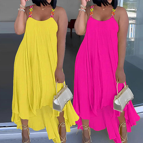 Solid Color Sleeveless Straps Irregular Hem Maxi Dress NY-10547