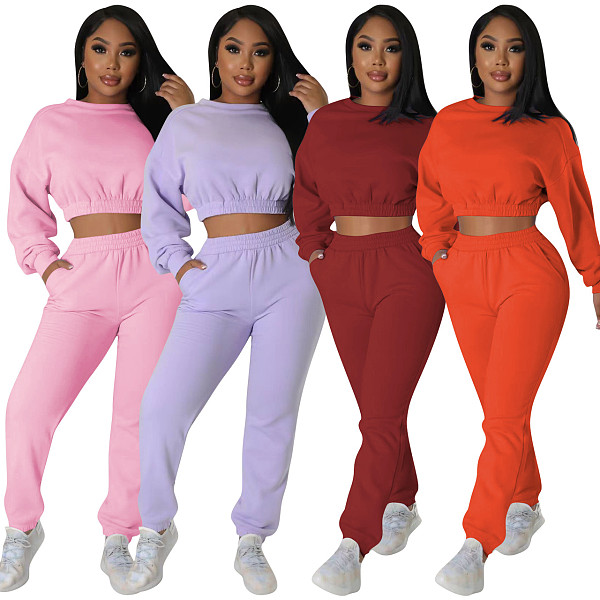 Solid Color Sweatshirt With Causal Pants Women Two Pieces Set FE-279