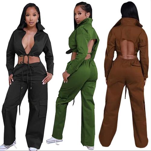 Sexy Backless Crop Top And Pockets Pants Women Two-piece Sets MEM-88509