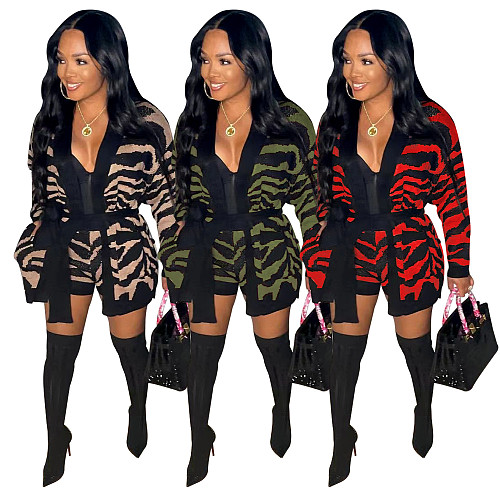 Knitted Leopard Sweater Cardigan Jacket and Shorts Set TR-1222