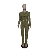 Women Long Sleeves Crop Top And Slit Pants 2 Pieces Set XT-8128