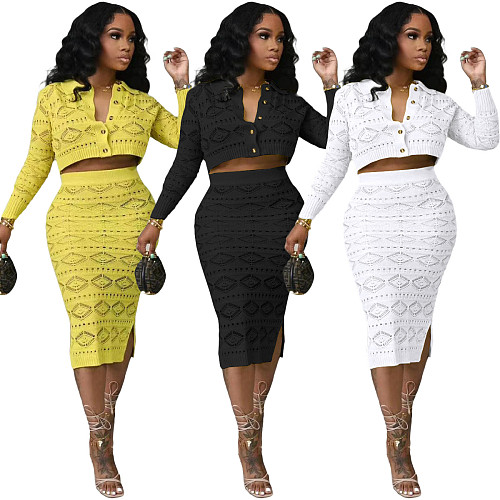 Sexy Solid Color Knitted Midi Skirt Set Two Pieces TK-6301