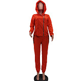 Women Solid Color Zipper Hoodies Sporty Two Piece Set HM-6635