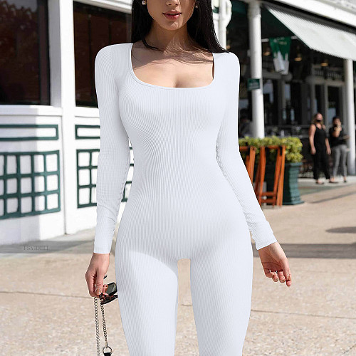 Women Solid Color Square Collar Slim Sporty Jumpsuits HXZY-0323