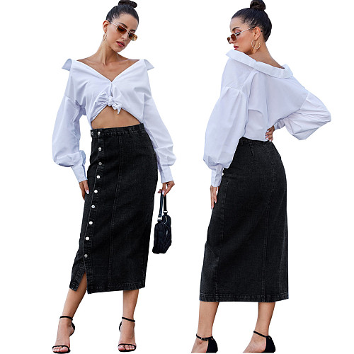 Trendy Women Riveted Elastic Package Hips Denim Long Skirt HSF-2642