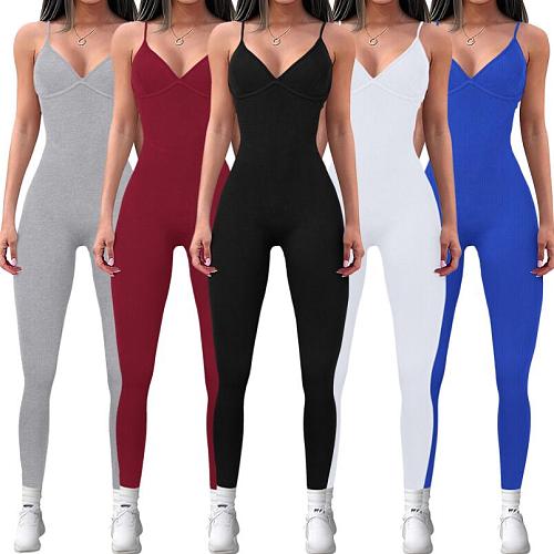 Sexy Backless Women V-neck Solid Color Straps Yoga Jumpsuit HXZY-0312