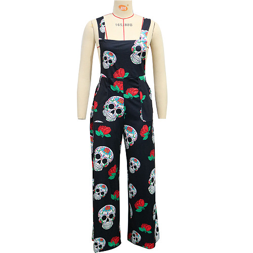 Women Printed Halloween Skull Sleeveless Suspenders Wide-leg Pants SH-390760