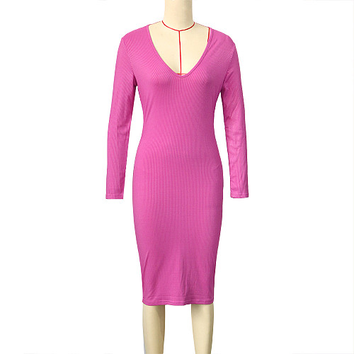 Sexy Low Cut Long Sleeves Package Hips Rose Red Midi Dress SH-390818