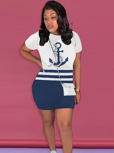 Leisure Women Print Stripes Short Sleeves Mini Dress SH-390601