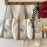 Winter Cartoon Embroidery Female Soft Plush Tote Bags Girls Student Travel Handbags Cute Rabbit Women Lamb Wool Shoulder Bag