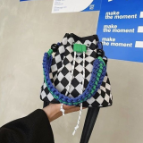 Simple Women's Designer Plaid Bucket Purse Handbags Contrasting Color Female Woven Strap Shoulder Bag Girls Small Messenger Bags