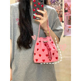 Embroidered Heart Women's Small Tote Handbags Cute Pink Love Girls Bucket Shoulder Bags Fashion Design Female Crossbody Bag