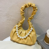 Elegant Design Women Simple Underarm Bag Solid Color PU Leather Ladies Pearl Chain Handbags Female Pleated Strap Shoulder Bags