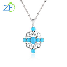 GZ ZONGFA Genuine 925 Sterling Silver Pendant Women 1.5 Carats Natural Turquoise Gemstone Party Cross Necklace Fine Jewelry