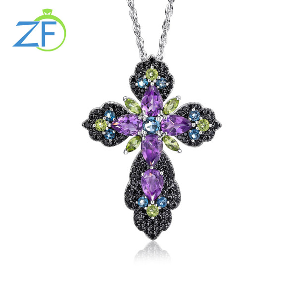 GZ ZONGFA Silver Cross Pendant for Women Pure 925 Necklace Natural Multicolor Gemstone Big Cross Black Spinel Fine Jewelry