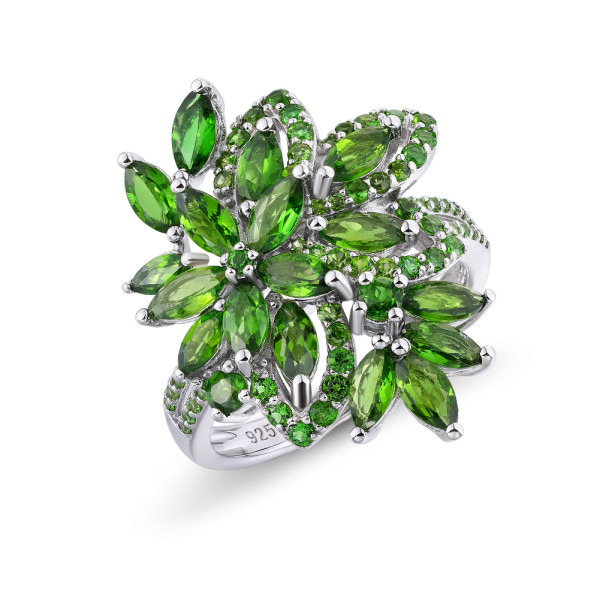 GZ ZONGFA Genuine 925 Sterling Silver Ring for Women Natural Green Gem Diopside Flower Ring New Design Fine Jewelry
