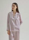 Chic Houndstooth Women's Silk Pajama Set Black and White 19 mm 100% Premium Chinese Mulberry Silk Crystal Button Pink and White