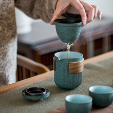 Green stone glaze stripe tea cup ceramic travel portable tea set outdoor
