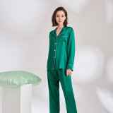 Premium Women's Silk Pajama Set 22 Momme 100% Mulberry Silk Long Sleeve Pants Piped Luxury Sleepwear Lounge Set Blue Red Emerald