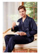 Luxury Men's Silk Pajama Set 22 Momme Real Mulberry Silk Long Sleeve PJs for Men Sleepwear Navy Blue Dark Green Cuff Embroidery
