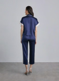 Contrast Colour Women's Silk Pajama Set Batwing Short Sleeves 19mm 100% Premium Chinese Mulberry Silk Chic Navy Blue Lounge Set