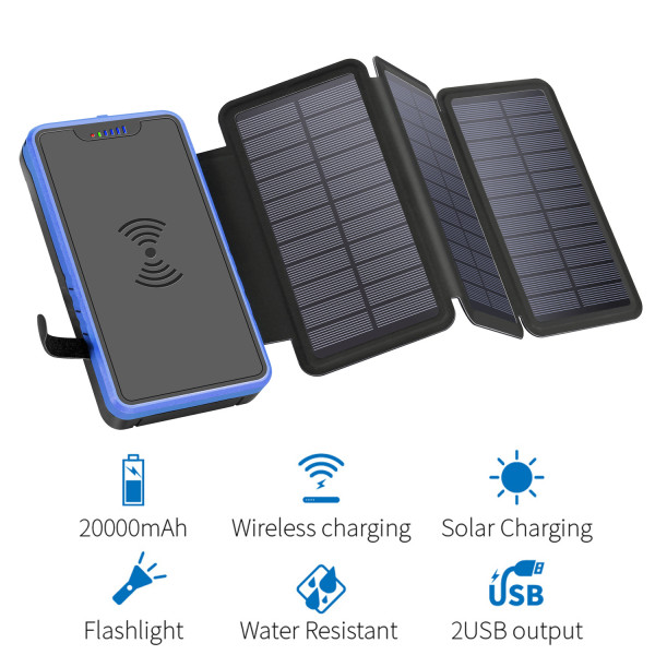 20000mAh Solar Power Bank Wireless Charger Portable Phone Powerbank With LED SOS Flashlight Solar Power Panel Poverbank
