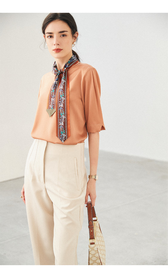 Orange 22 mm Women Silk Blouse Lady Essentials Premium Chinese Silk T-Shirt Basic Casual Long Sleeve Office Work Top Solid Grey